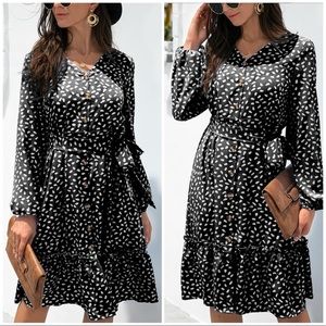 Black Abstract Dot Belted Shirt Dress Size Large